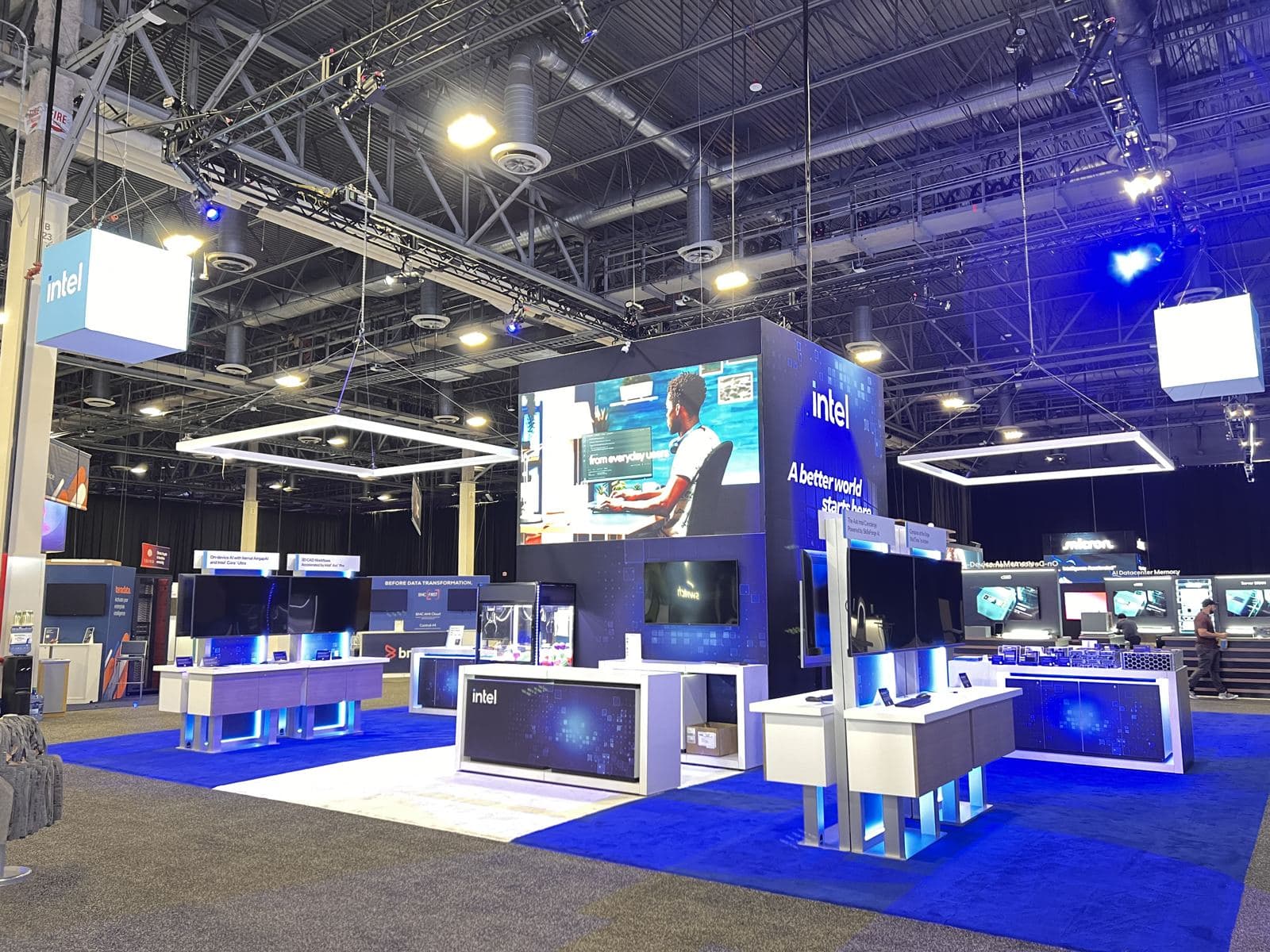 Intel's trade show booth with the branded claw machine drawing traffic