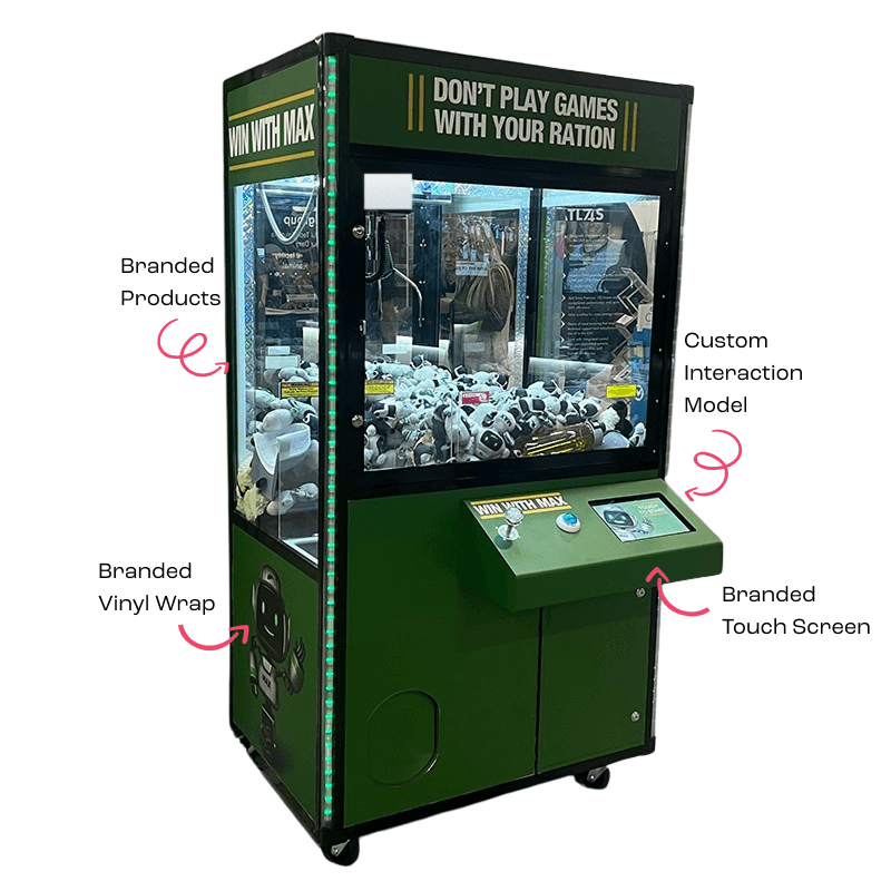Annotated Event Claw Pro 41XL build for the US Army showing branded products, the custom interaction model, branded vinyl wrap, and the branded touch screen